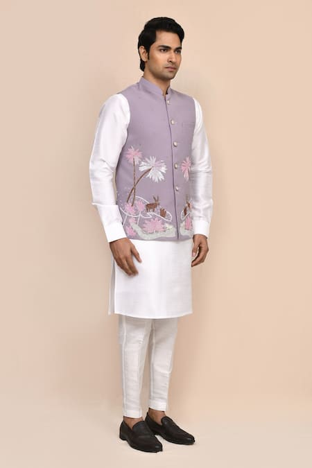 Buy_Arihant Rai Sinha_Mauve Rayon, Silk Embroidery Mouve Bundi Kurta Set 