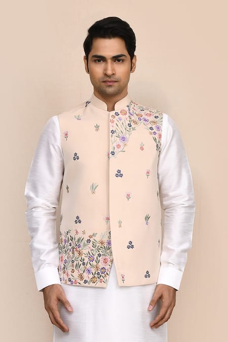Shop_Arihant Rai Sinha_Cream Rayon Embroidery Floral Bundi Kurta Set _Online_at_Aza_Fashions