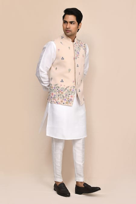 Arihant Rai Sinha_Cream Rayon Embroidery Floral Bundi Kurta Set _at_Aza_Fashions