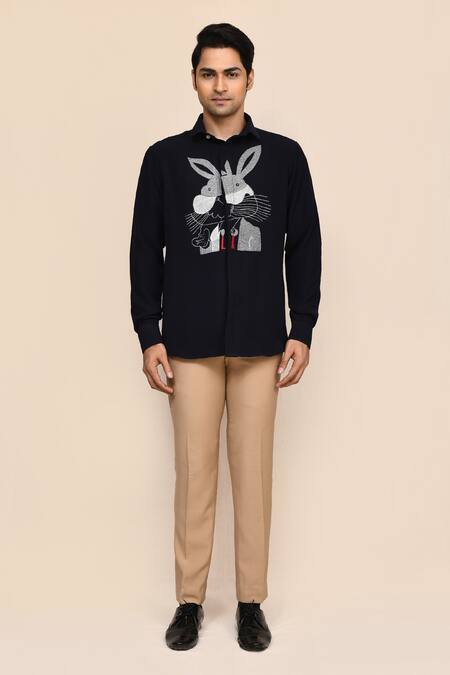 Buy_Aryavir Malhotra_Navy Blue Terry Rayon Shirt _Online_at_Aza_Fashions