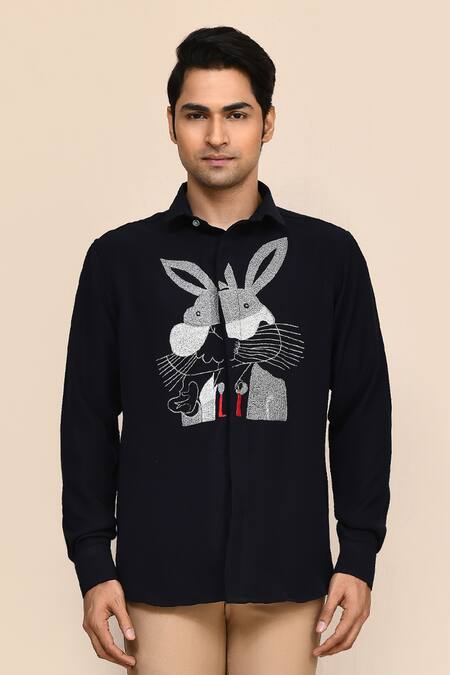 Shop_Aryavir Malhotra_Navy Blue Terry Rayon Shirt _Online_at_Aza_Fashions