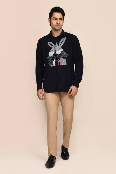 Buy_Aryavir Malhotra_Navy Blue Terry Rayon Shirt 