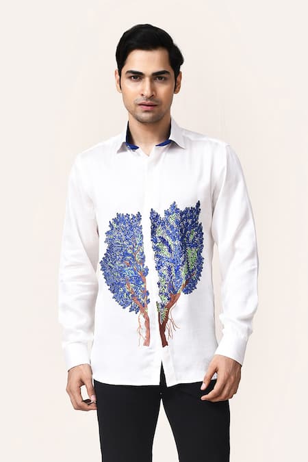Aryavir Malhotra White Linen Satin Tree Hand Work Shirt 