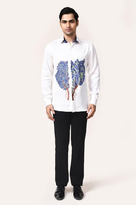 Aryavir Malhotra_White Embroidery Linen Satin Tree Hand Work Shirt _Online_at_Aza_Fashions