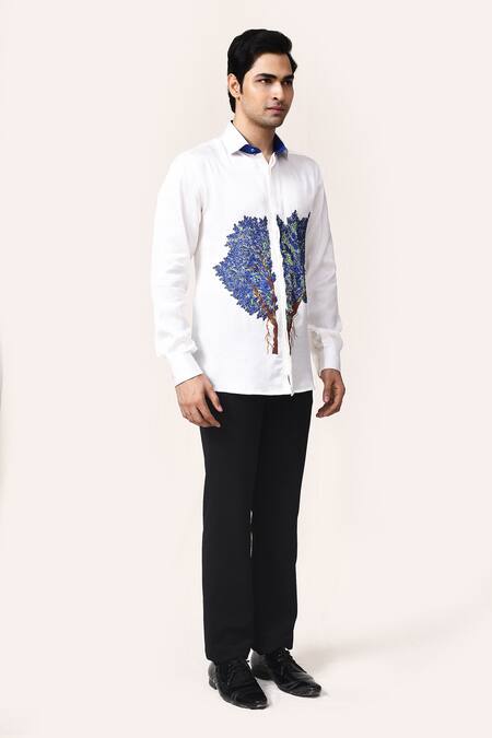 Buy_Aryavir Malhotra_White Embroidery Linen Satin Tree Hand Work Shirt _Online_at_Aza_Fashions