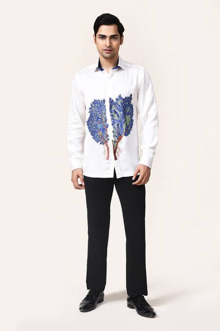 Shop_Aryavir Malhotra_White Embroidery Linen Satin Tree Hand Work Shirt _Online_at_Aza_Fashions