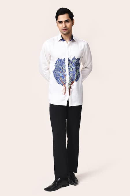 Aryavir Malhotra_White Embroidery Linen Satin Tree Hand Work Shirt _at_Aza_Fashions