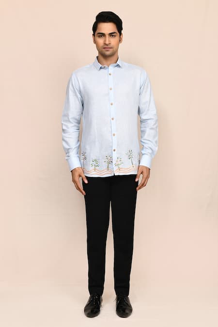 Buy_Aryavir Malhotra_Sky Blue Linen Embroidery Hand Work Shirt _Online_at_Aza_Fashions