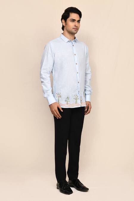 Shop_Aryavir Malhotra_Sky Blue Linen Embroidery Hand Work Shirt _Online_at_Aza_Fashions