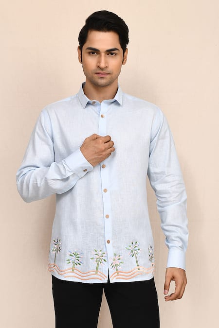 Aryavir Malhotra_Sky Blue Linen Embroidery Hand Work Shirt _at_Aza_Fashions