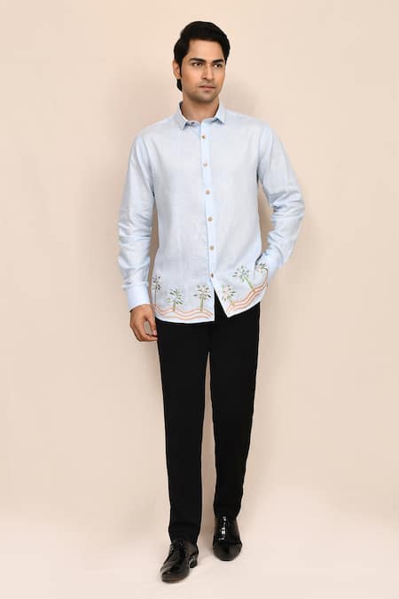 Buy_Aryavir Malhotra_Sky Blue Linen Embroidery Hand Work Shirt 