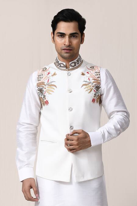 Arihant Rai Sinha_Off White Rayon, Satin Embroidery Hand Bundi Set _Online_at_Aza_Fashions