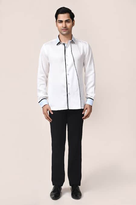 Aryavir Malhotra_White Linen, Satin Piping Shirt _Online_at_Aza_Fashions
