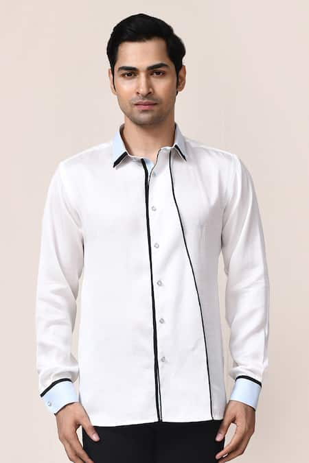 Buy_Aryavir Malhotra_White Linen, Satin Piping Shirt _Online_at_Aza_Fashions