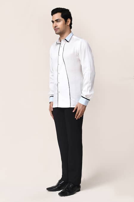 Shop_Aryavir Malhotra_White Linen, Satin Piping Shirt _Online_at_Aza_Fashions