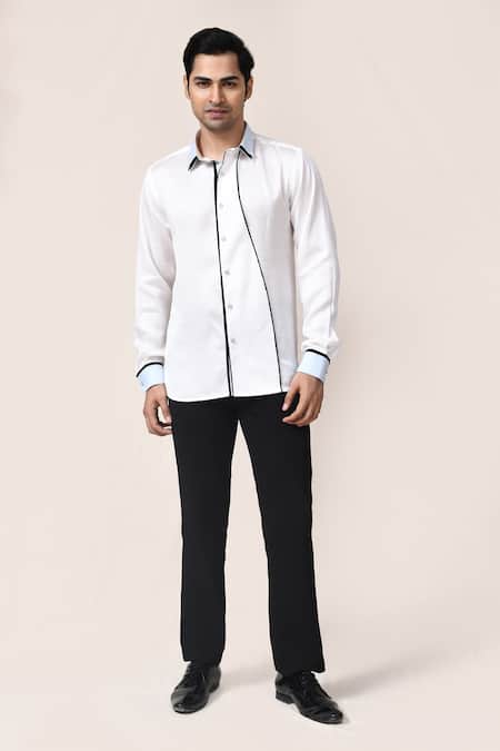 Aryavir Malhotra_White Linen, Satin Piping Shirt _at_Aza_Fashions