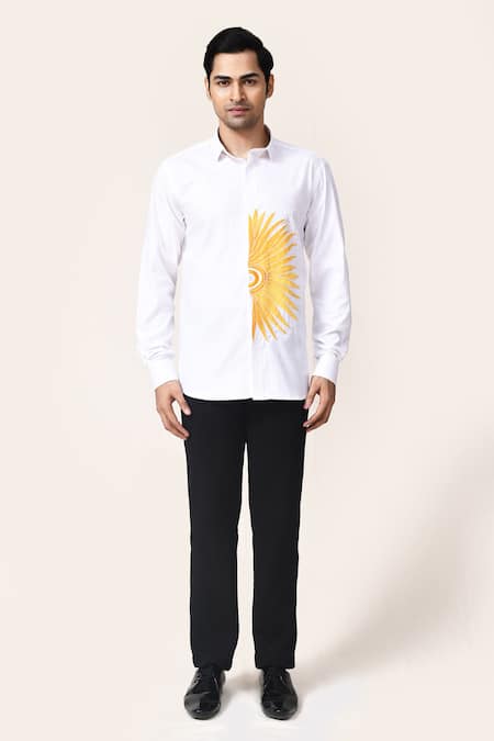 Aryavir Malhotra_White Linen, Cotton Embroidery Half Sun Shirt _Online_at_Aza_Fashions