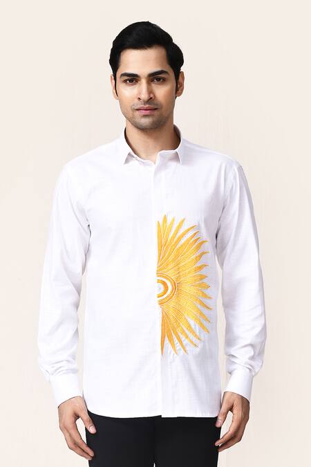 Buy_Aryavir Malhotra_White Linen, Cotton Embroidery Half Sun Shirt _Online_at_Aza_Fashions