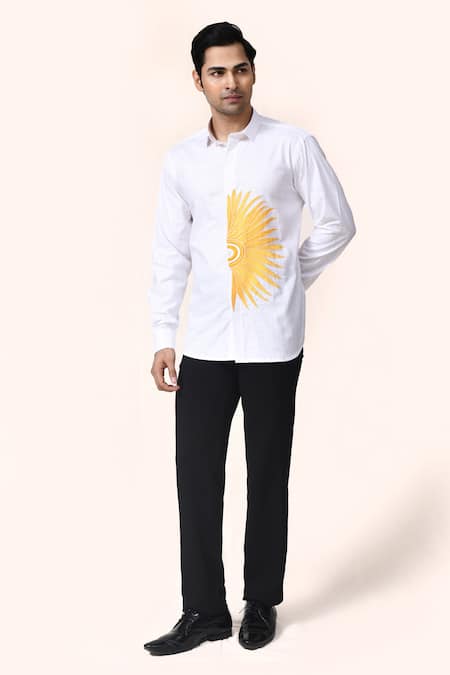 Aryavir Malhotra_White Linen, Cotton Embroidery Half Sun Shirt _at_Aza_Fashions