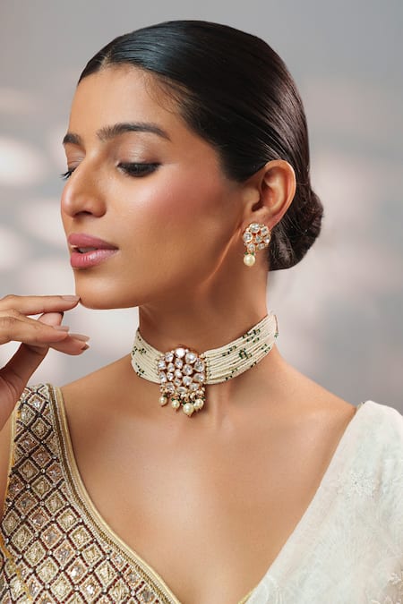 Shop_Zevar By Geeta_White Stones, Pearls Kundan Embellished Choker Set _Online_at_Aza_Fashions