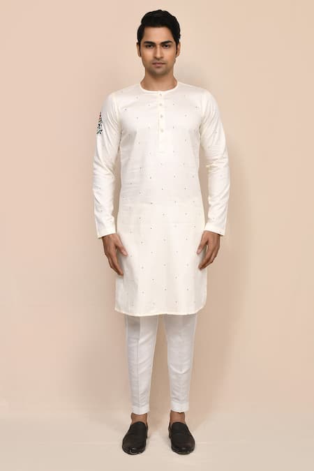 Buy_Arihant Rai Sinha_Cream Satin Embroidery Hand Work Kurta And White Pant Set _Online_at_Aza_Fashions