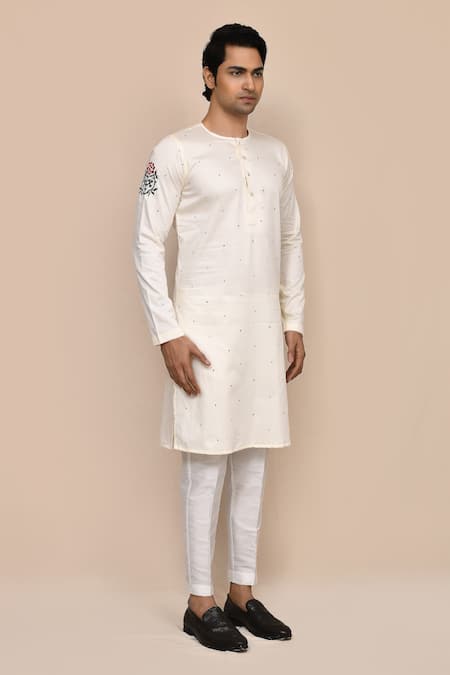 Arihant Rai Sinha_Cream Satin Embroidery Hand Work Kurta And White Pant Set _at_Aza_Fashions