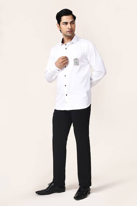 Aryavir Malhotra_White Cotton Embroidery, Applique Giza Hand Work Shirt _at_Aza_Fashions