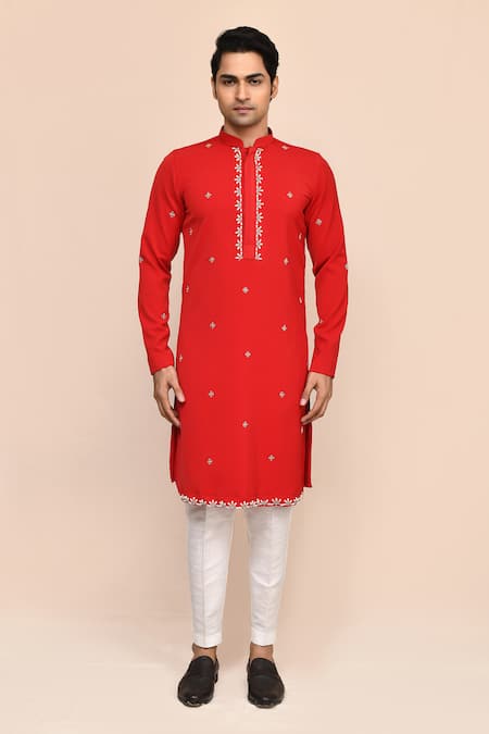 Buy_Arihant Rai Sinha_Red Embroidery Kurta And White Pant Set _Online_at_Aza_Fashions
