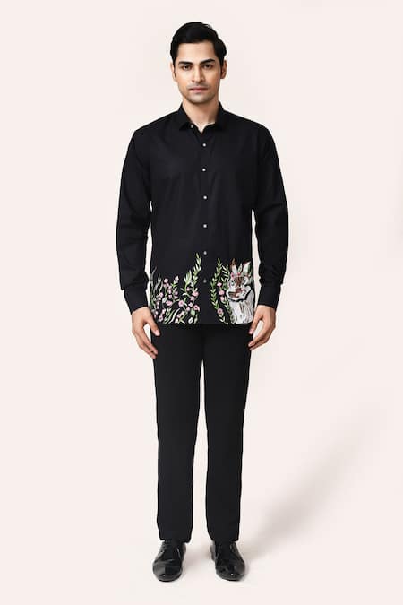 Aryavir Malhotra_Black Linen Embroidery Hand Work Navy Blue Shirt_Online_at_Aza_Fashions