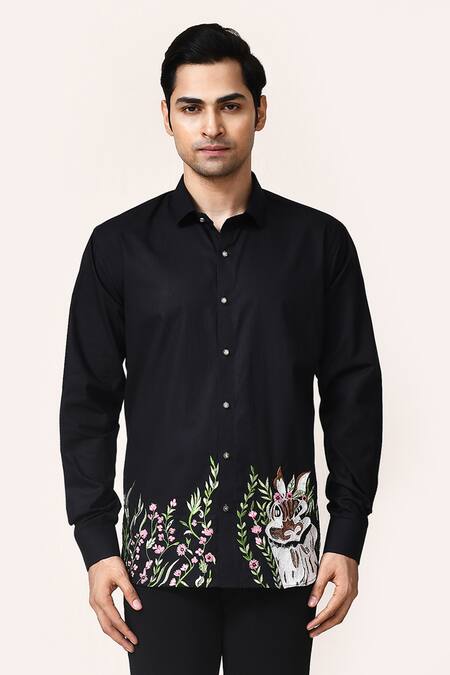 Buy_Aryavir Malhotra_Black Linen Embroidery Hand Work Navy Blue Shirt_Online_at_Aza_Fashions