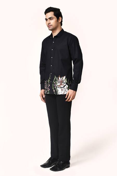 Shop_Aryavir Malhotra_Black Linen Embroidery Hand Work Navy Blue Shirt_Online_at_Aza_Fashions