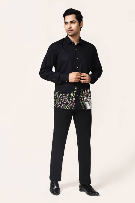 Aryavir Malhotra_Black Linen Embroidery Hand Work Navy Blue Shirt_at_Aza_Fashions