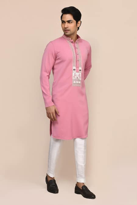 Arihant Rai Sinha_Pink Silk Embroidery Hand Work Kurta And White Pant Set _at_Aza_Fashions