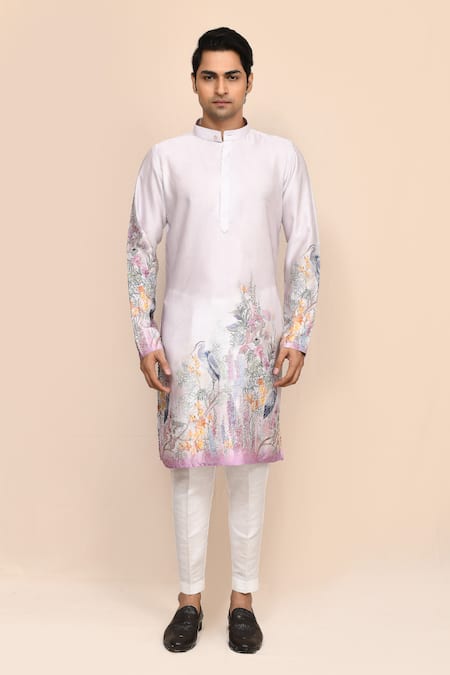 Buy_Arihant Rai Sinha_Multi Color Satin, Shantoon Floral Print Silk Kurta Set _Online_at_Aza_Fashions