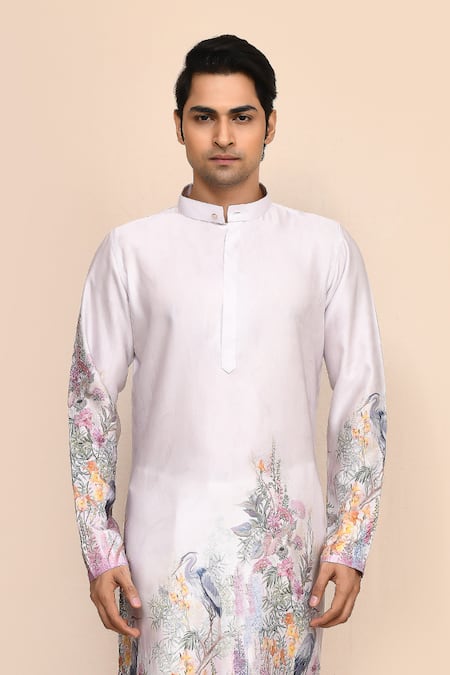 Shop_Arihant Rai Sinha_Multi Color Satin, Shantoon Floral Print Silk Kurta Set _Online_at_Aza_Fashions