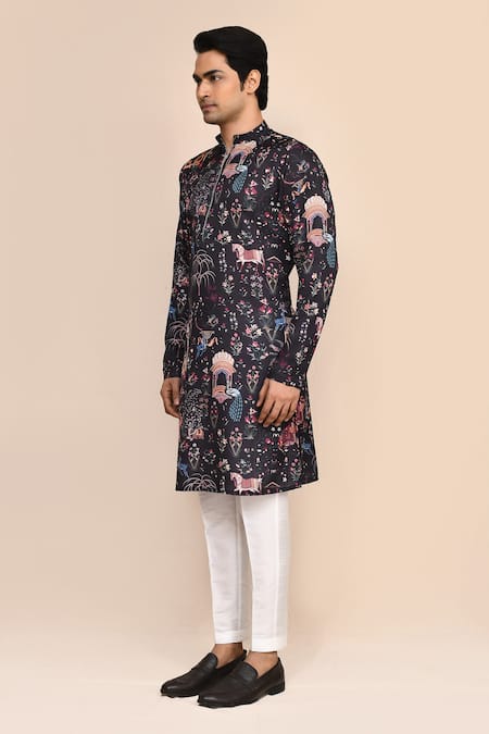 Arihant Rai Sinha_Black Satin, Shantoon Floral Print Kurta And White Pant Set _at_Aza_Fashions
