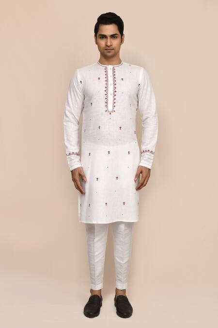 Buy_Arihant Rai Sinha_Off White Cotton Embroidery Cream Full Hand Work Kurta And Pant Set _Online_at_Aza_Fashions