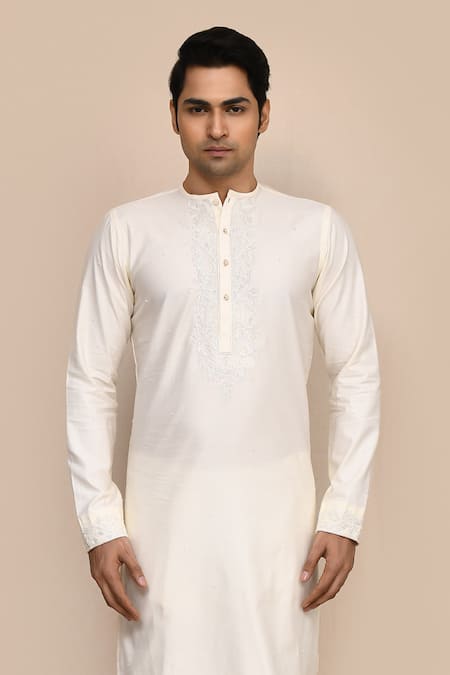Shop_Arihant Rai Sinha_Cream Cotton Embroidery Cutdana Work Kurta And Pant Set _Online_at_Aza_Fashions