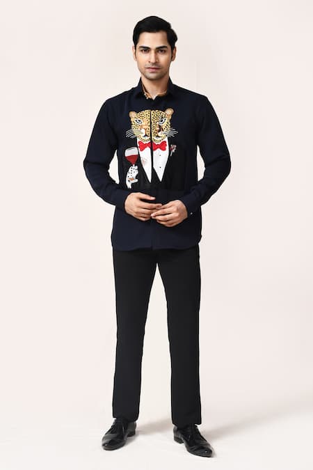 Shop_Aryavir Malhotra_Navy Rayon Applique, Embroidery Blue Graphic Print Shirt _Online_at_Aza_Fashions