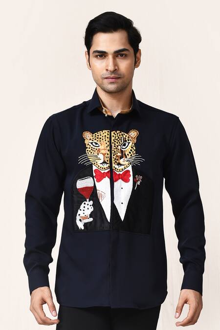 Aryavir Malhotra_Navy Rayon Applique, Embroidery Blue Graphic Print Shirt _at_Aza_Fashions