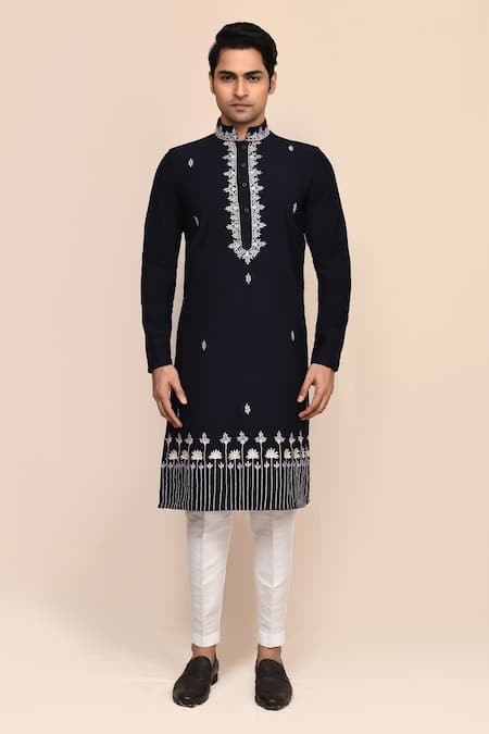 Buy_Arihant Rai Sinha_Navy Embroidery Blue Hand Work Kurta Set _Online_at_Aza_Fashions
