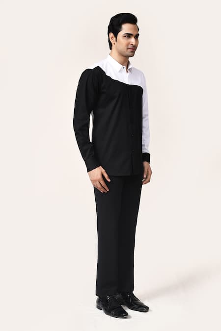 Buy_Aryavir Malhotra_White Cotton Color Block Giza Shirt _Online_at_Aza_Fashions