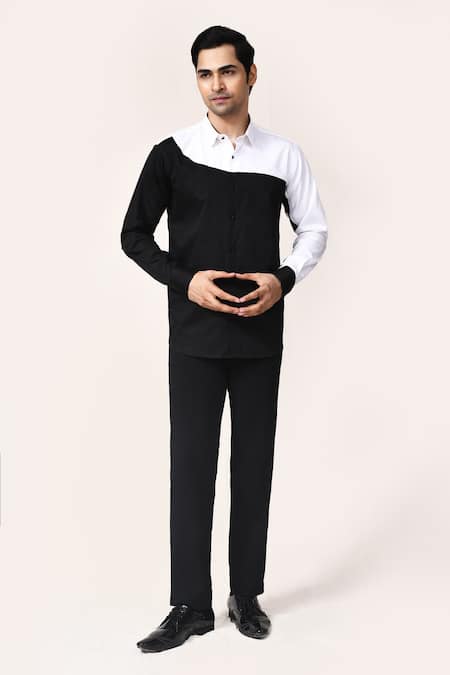 Aryavir Malhotra_White Cotton Color Block Giza Shirt _at_Aza_Fashions