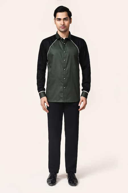 Aryavir Malhotra_Green Cotton Piping And Wine Giza Shirt _Online_at_Aza_Fashions