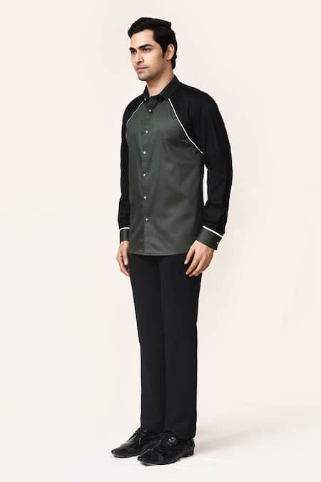 Buy_Aryavir Malhotra_Green Cotton Piping And Wine Giza Shirt _Online_at_Aza_Fashions