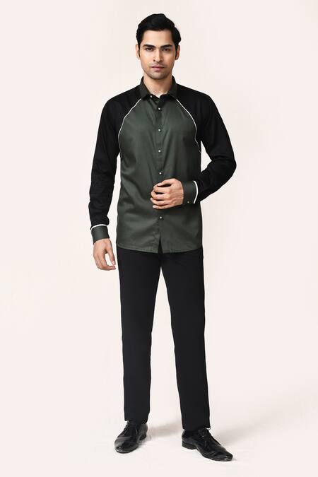 Shop_Aryavir Malhotra_Green Cotton Piping And Wine Giza Shirt _Online_at_Aza_Fashions