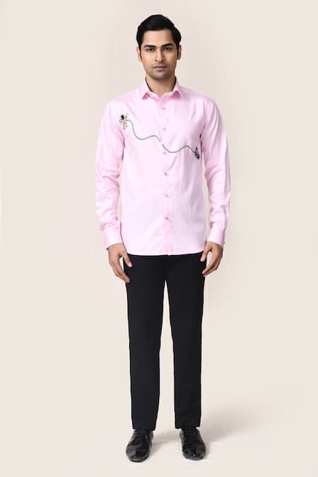 Aryavir Malhotra_Pink Cotton Metallic Thread, Sequins Giza Shirt _Online_at_Aza_Fashions