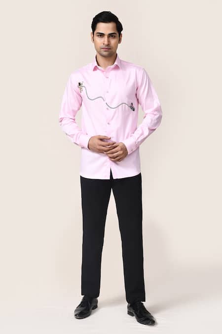 Aryavir Malhotra_Pink Cotton Metallic Thread, Sequins Giza Shirt _at_Aza_Fashions