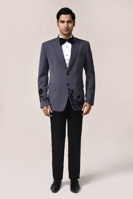 Aryavir Malhotra_Gray Rayon, Satin, Silk Embroidery Grey Suit Set _Online_at_Aza_Fashions