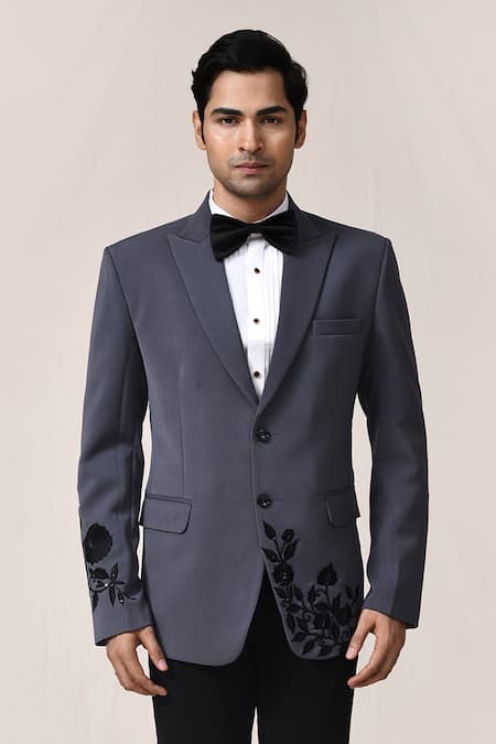 Shop_Aryavir Malhotra_Gray Rayon, Satin, Silk Embroidery Grey Suit Set _Online_at_Aza_Fashions